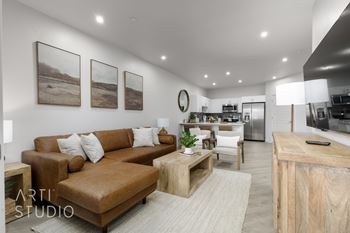 Living room with brown couch